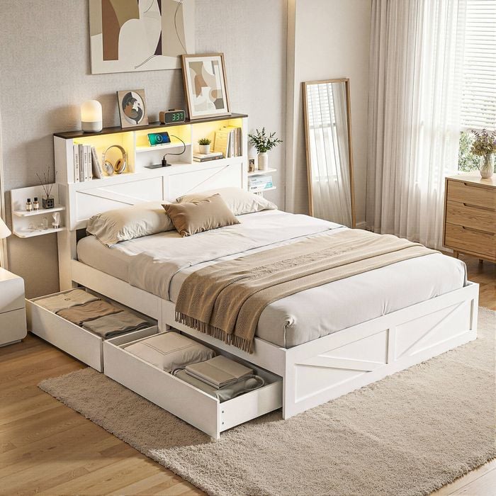 Artiss Double Platform Bed Frame With Drawer Charging Station Led Light White Platform Bed White