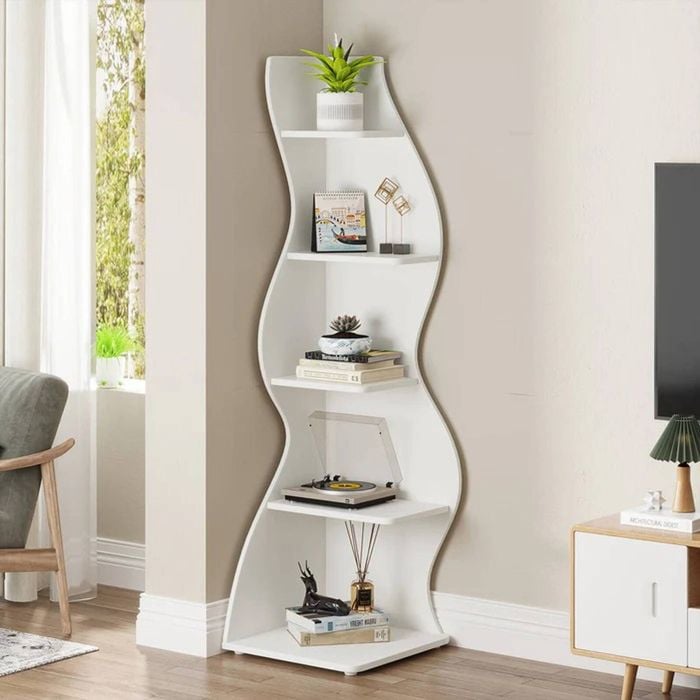 Oakory 160cm 5-tier Corner Shelf With Adjustable Shelves In White And Seagrass Finish