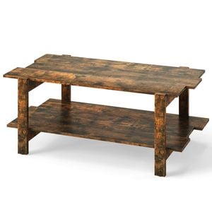 Costway 2-tier Coffee Table Slatted Wood Cocktail Table W/storage Shelf