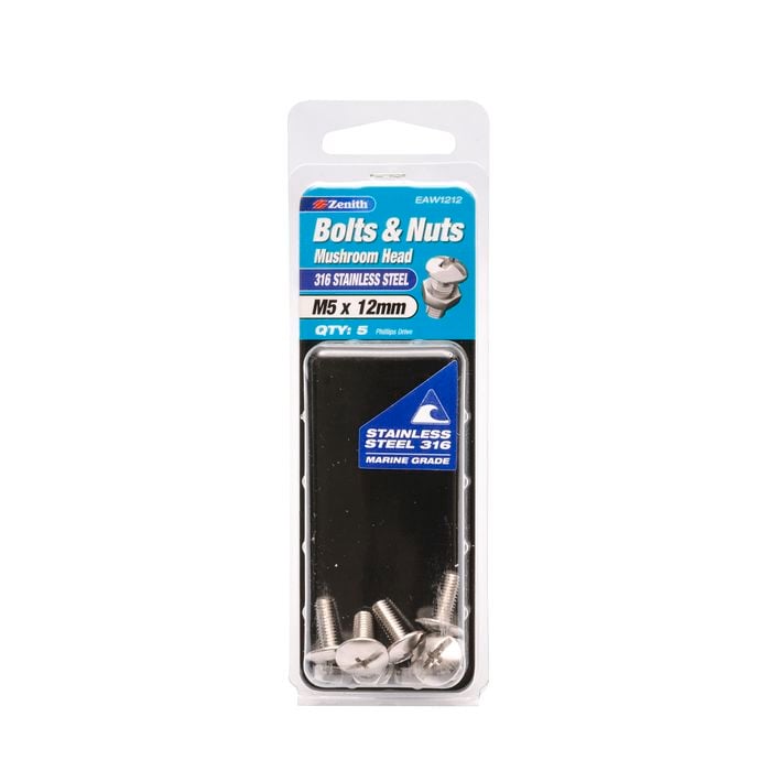 Zenith M5 x 12mm 316 Stainless Steel Mushroom Head Bolt And Nut - 5 Pack