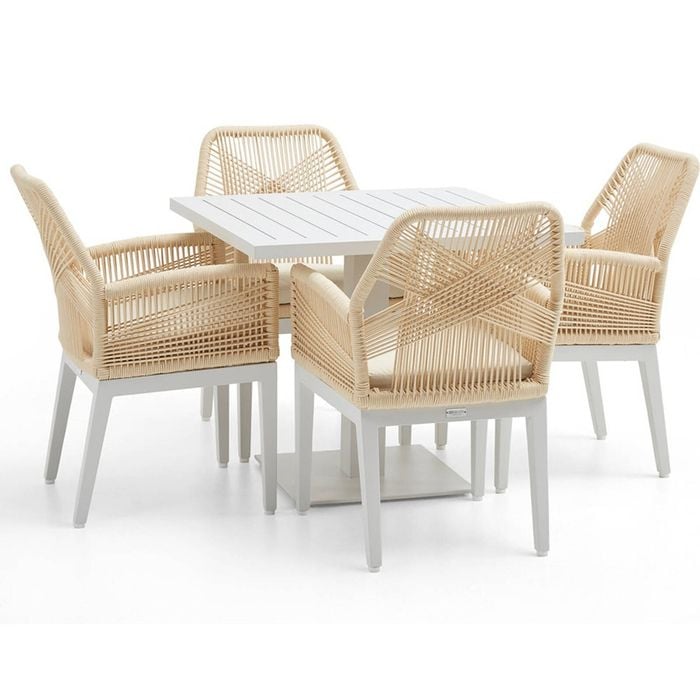 Avoca Outdoor Pedestal Aluminium Dining Table White With Hugo Chairs & Cream Rope/cream Cushions