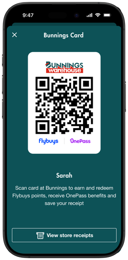 Bunnings app digital membership card screen displaying a QR code, Flybuys and OnePass logos, account holder name, card usage information, and a button to view store receipts.