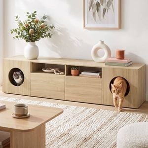 HOMFURN 185cm Cat-Friendly TV Cabinet, 2 Drawers & Open Shelves, Pine Wood Finish, Fits 70" TV, Soft Close