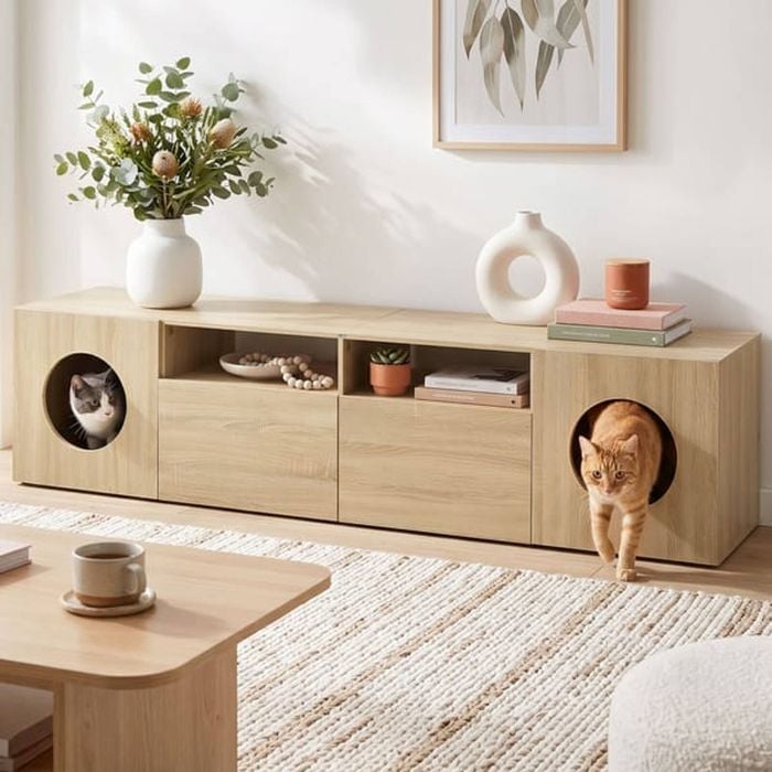 HOMFURN 185cm Cat-Friendly TV Cabinet, 2 Drawers & Open Shelves, Pine Wood Finish, Fits 70" TV, Soft Close