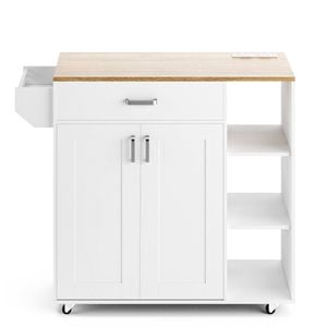 Ufurniture Rolling Kitchen Island Cart with Charging Station, Adjustable Shelves & Spice Rack, White