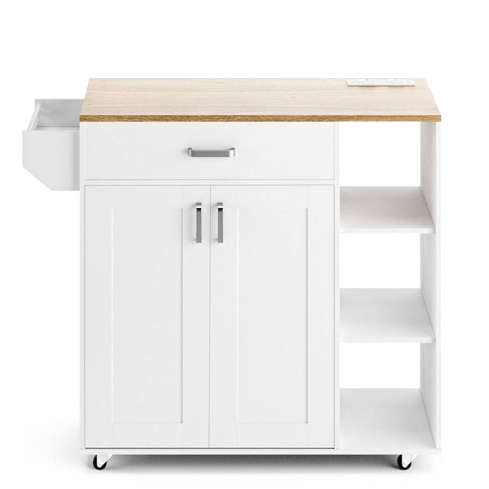 Ufurniture Rolling Kitchen Island Cart with Charging Station, Adjustable Shelves & Spice Rack, White