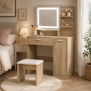 Oikiture Dressing Table Stool Set Makeup Mirror Large Cabinet Natural