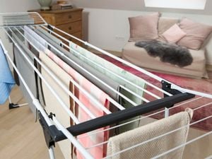 Clothes airer with towels drying on it.