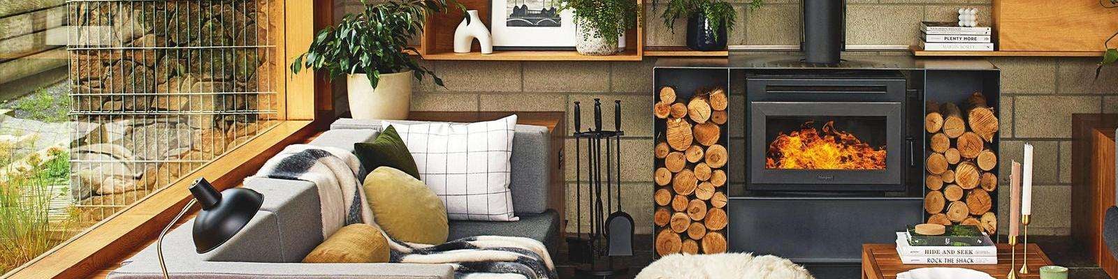 Living room with fireplace in center