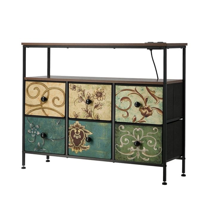 Oikiture 6 Chest Of Drawers Fabric Retro Dresser Lowboy Shelf Charging Station
