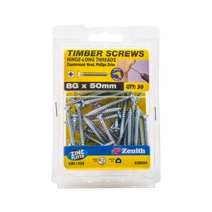 Zenith 8g x 50mm Hinge-long Thread Zinc Plated Timber Screws - 50 Pack