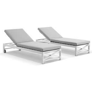 Kansas Outdoor Aluminium Sun Lounge Set on Wheels White With Hugo Side Table & Textured Olefin Grey Cushions