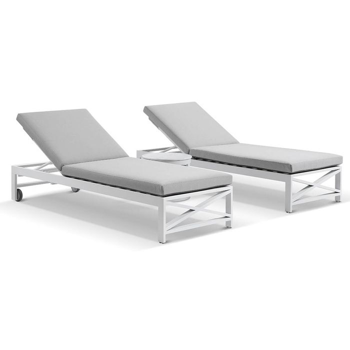 Kansas Outdoor Aluminium Sun Lounge Set on Wheels White With Hugo Side Table & Textured Olefin Grey Cushions