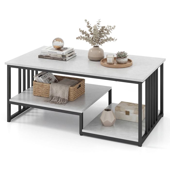 Costway Square Coffee Table Metal Frame Center Tea Table w/Storage Shelf - Grey