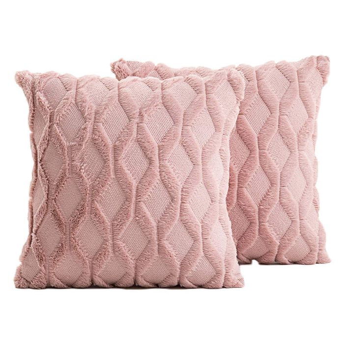 Catzon 2 Pcs Faux Wool Throw Pillow Covers Farmhouse Couch Pillowcases 50X50cm-Pink