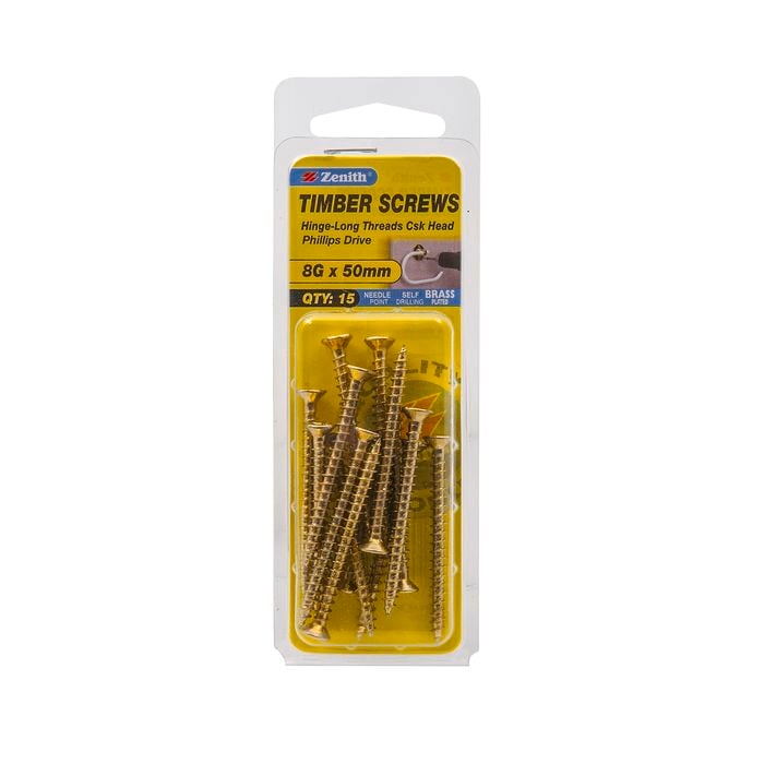 Zenith 8G x 50mm Brass Plated Timber Screw - 15 Pack