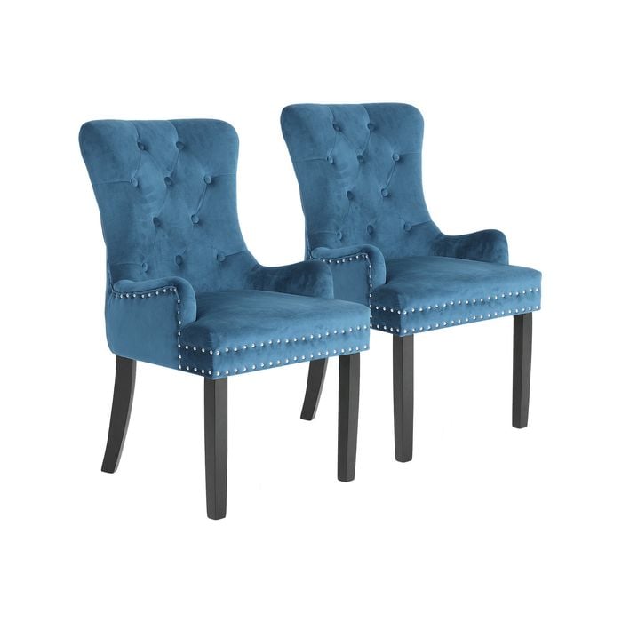 La Bella 2 Set Navy Blue French Provincial Dining Chair Ring Studded Lisse Velvet Rubberwood