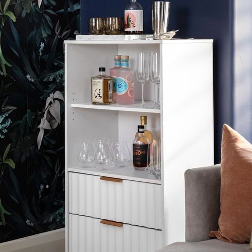 Groove White Ripple Airlie Display Unit as a mini home bar brings an inviting air to your house