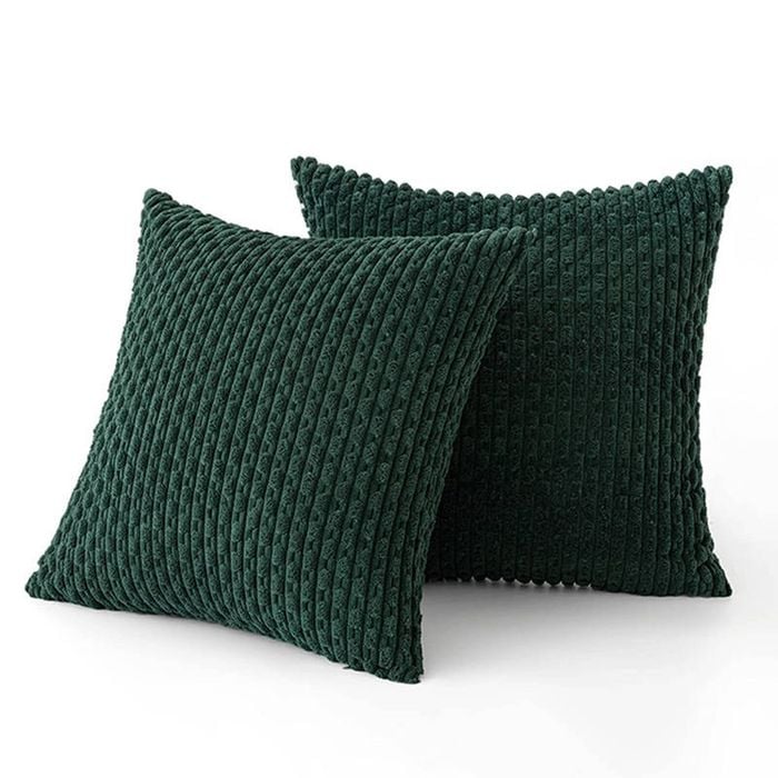 Catzon 2 Pcs Throw Pillow Covers Soft Striped Corduroy Cushion Case for Couch 45X45cm-Dark Green
