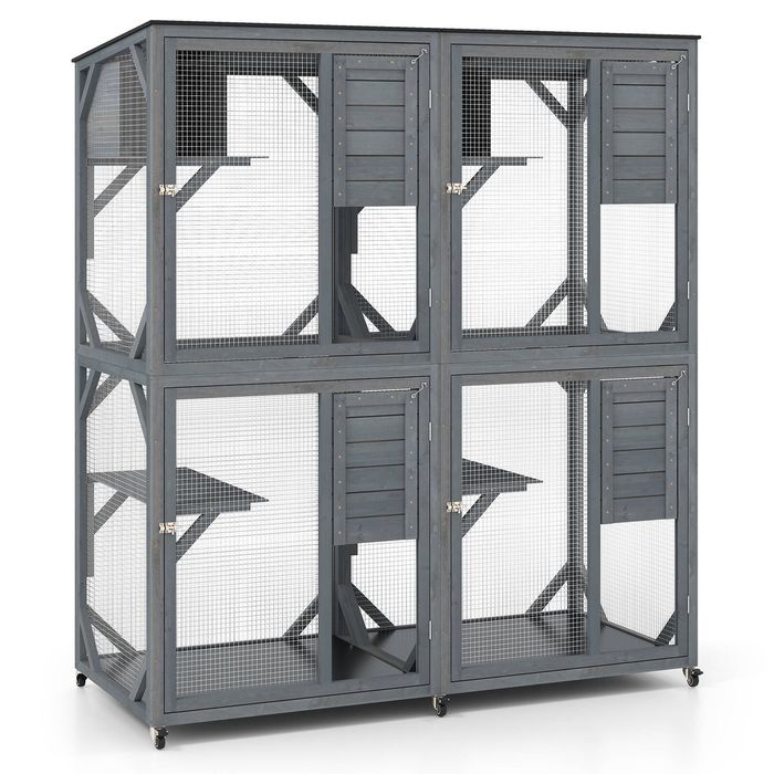 Costway Fir Wood Outdoor Cat Cage Weather Resistant Catio Shelter Cat Enclosure-Grey