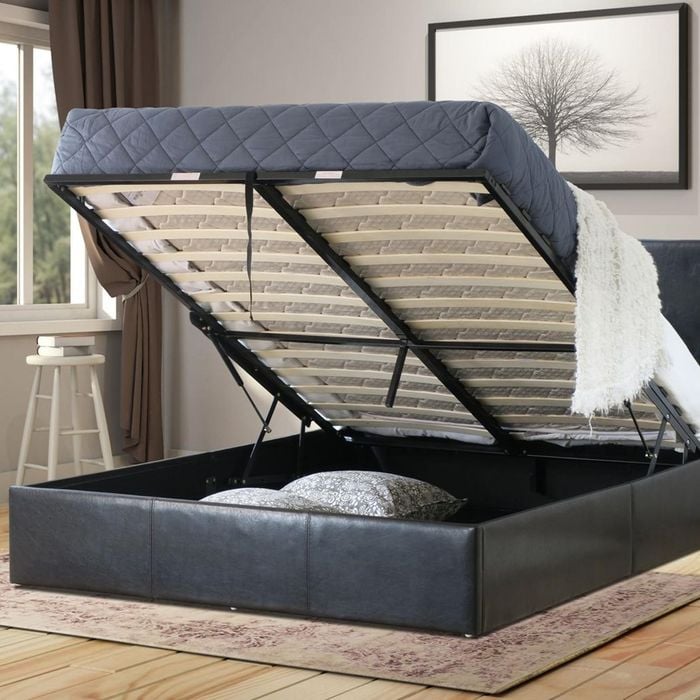 Istyle Prada Double Gas Lift Ottoman Storage Bed Frame Pu Leather Black