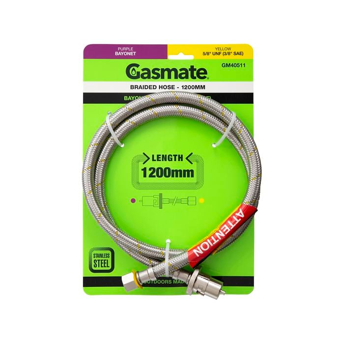 Gasmate Branded Hose - 1200mm - Bayonet to 5/8" UNF (3/8" SAE)
