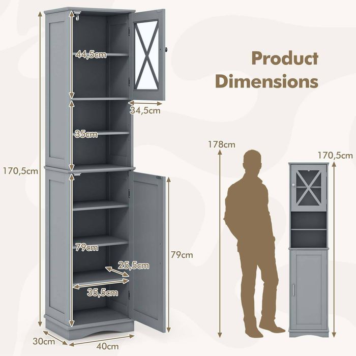 Costway Bathroom Cabinet Tall Storage Cupboard Narrow Floor Cabinet ...