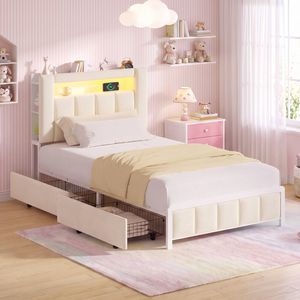 Advwin King Single Upholstered Velvet LED Bed Frame with Hidden Storage Beige