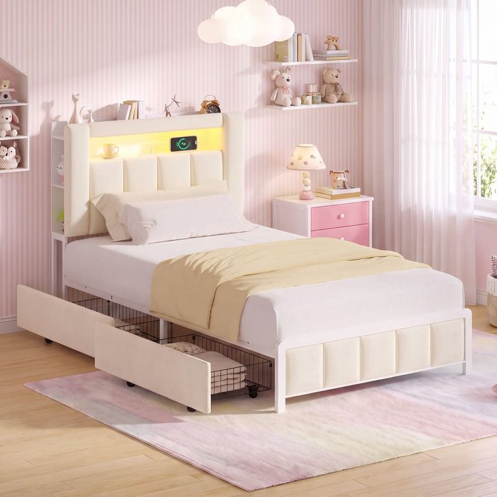 Advwin King Single Upholstered Velvet LED Bed Frame with Hidden Storage Beige