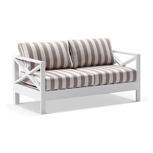Kansas 2 Seater Outdoor Aluminium Lounge In Sunbrella White & Maxim Heather Beige Cushions