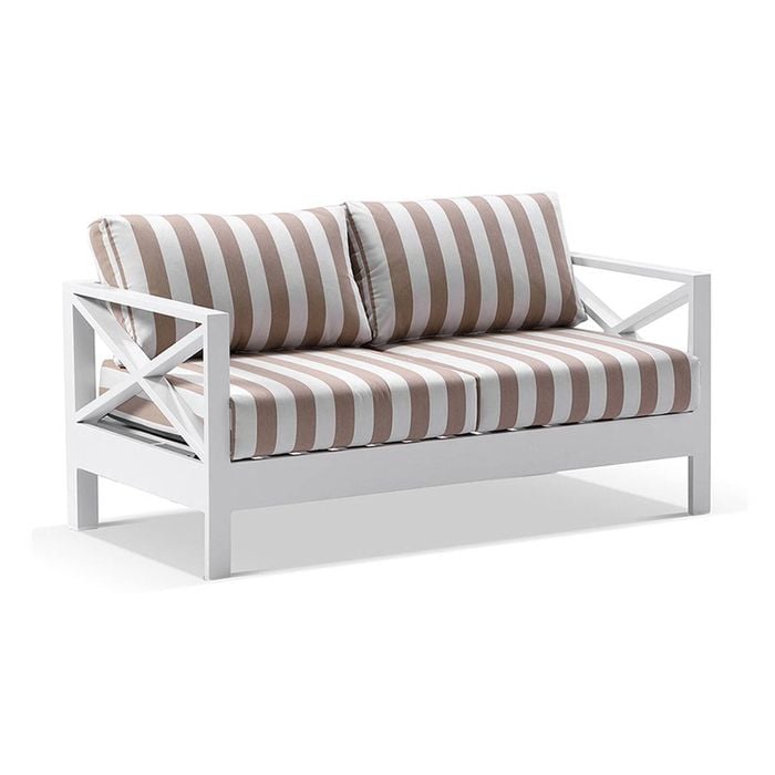 Kansas 2 Seater Outdoor Aluminium Lounge In Sunbrella White & Maxim Heather Beige Cushions