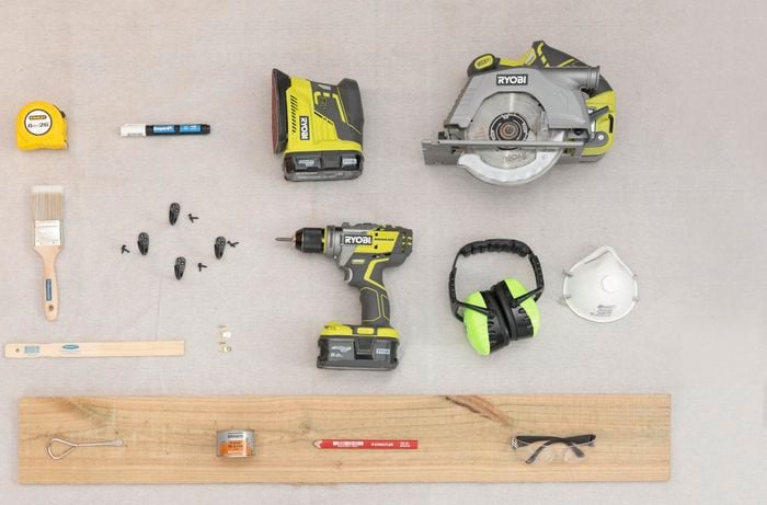 Tools for the job, tape measure, pencil, dusk mask, safety glasses, earmuffs, circular saw.