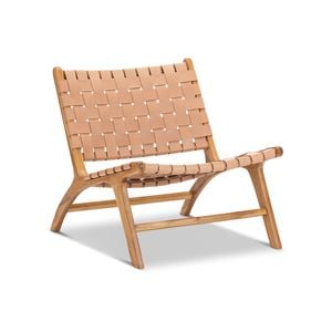 Casey Nude Tan Woven Leather Solid Natural Teak Wood Lounge Chair
