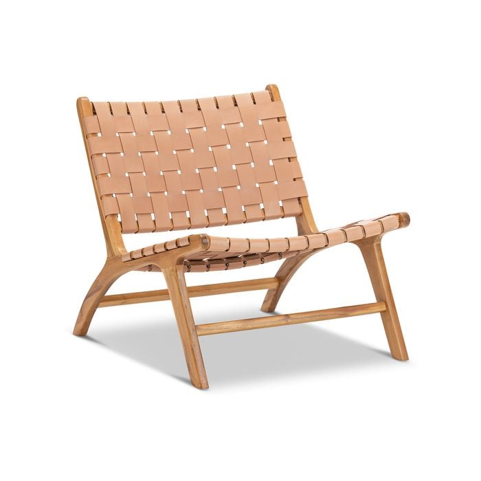 Casey Nude Tan Woven Leather Solid Natural Teak Wood Lounge Chair