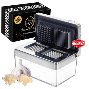 Gourmet Easy Garlic Chopper Stainless Steel Press, Super Thin 2-in-1 Slicer, With Container