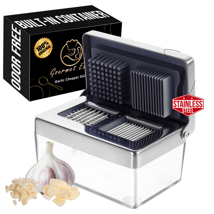 Gourmet Easy Garlic Chopper Stainless Steel Press, Super Thin 2-in-1 Slicer, With Container