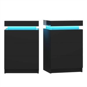 Ufurniture Black Bedside Table Set of 2 LED RGB 3 Drawers Nightstand With Lift Up Storage Cabinet