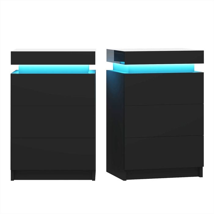 Ufurniture Black Bedside Table Set of 2 LED RGB 3 Drawers Nightstand With Lift Up Storage Cabinet