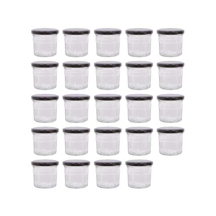 Argon Tableware 130ml Glass Jam Jars With Airtight Black Lids - Set Of 24 Empty Screw Top Kitchen Storage Preserving Jar