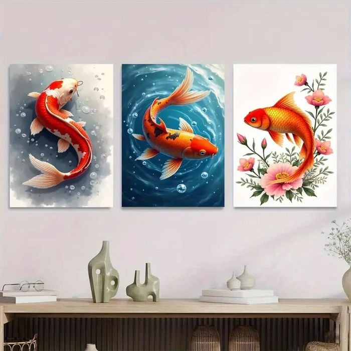 3pcs Vibrant Orange & White Koi with Lotus Flower Print 100% Australian Made 3 x 40x60cm (Metal Print)