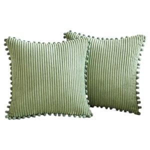 Catzon 2 Pcs Boho Decorative Throw Pillow Covers with Pom-poms for Sofa-Light Green