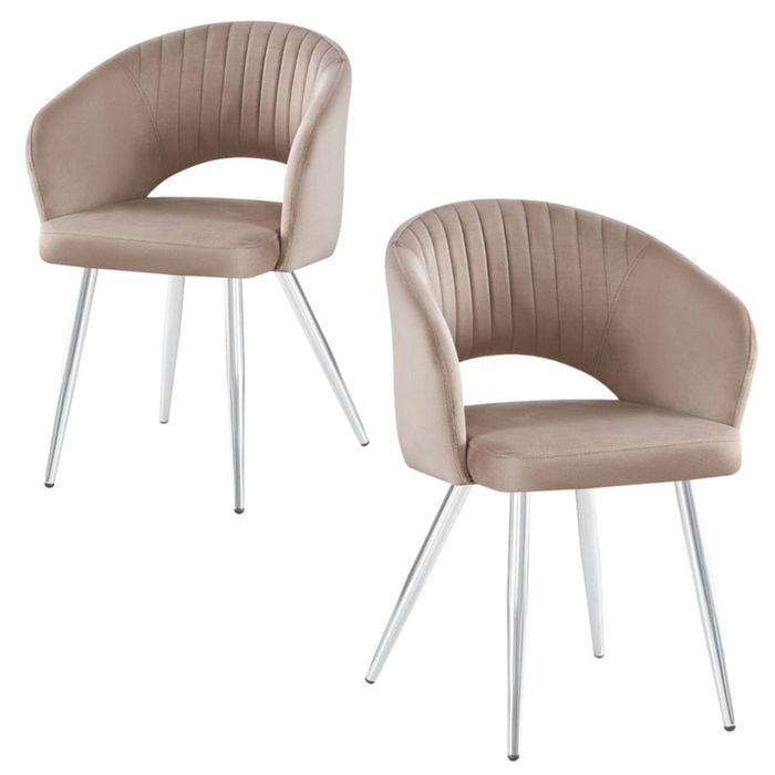 BRIBRION x2 Velvet Dining Chairs with Arms Silver Chromed Legs Upholstered Open Stitching Back Modern Kitchen Beige
