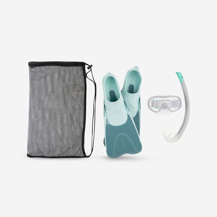 Decathlon - Kids' Snorkelling Fins Mask Snorkel Set Snk 500 -blue Grey Pastel Mint - Au 11.5c/12c - Eu 30/31