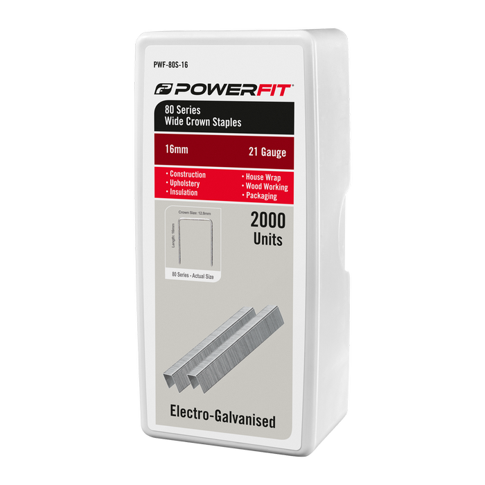 Powerfit 16mm 80 Series Wide Crown Electro-Galvanised Staple – 2000 Pack
