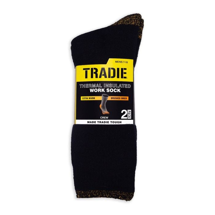Tradie Men's Black Thermal Insulated Work Crew Socks - 2 Pack - Size 7-10