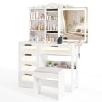 Costway Dressing Table Stool Set Sliding Mirror 3-Color LEDs Vanity Table
