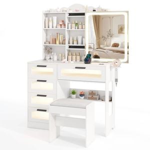 Costway Dressing Table Stool Set Sliding Mirror 3-color Leds Vanity Table