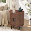 Advwin Oval Side Table w/ Fluted Sliding Door Bedside Table Entryway Cabinet Walnut