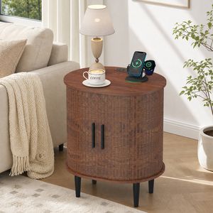 Advwin Oval Side Table w/ Fluted Sliding Door Bedside Table Entryway Cabinet Walnut