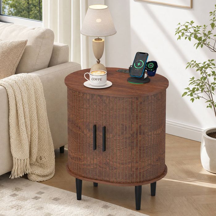Advwin Oval Side Table w/ Fluted Sliding Door Bedside Table Entryway Cabinet Walnut